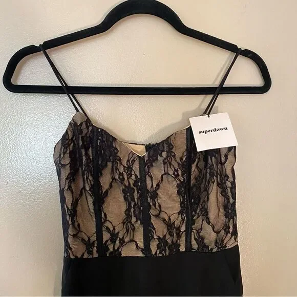 Superdown Revolve Bella Lace Jumpsuit illusion black nude bodice one piece XS